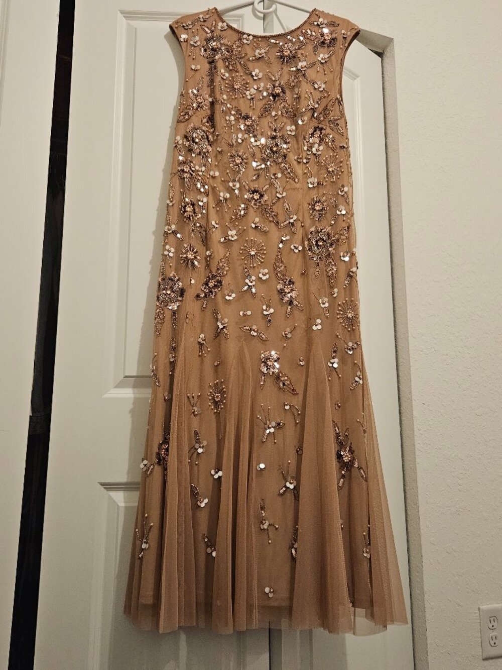 Adrianna Papell Beaded Mesh Ankle Dress Rose Gold Floral Embellished Gown Formal